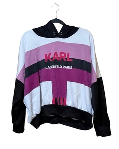 Karl Lagerfeld Paris Women’s Hoodie Sz S Purple White Black Logo Sweatshirt - Picture 1 of 14