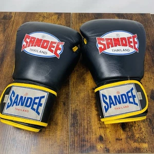 Sandee Authentic Leather Boxing Gloves - Black/Yellow Thai Boxing Gloves 16oz - Picture 1 of 11