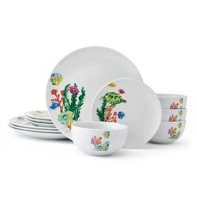  Conjunto de tigela Coastal Ocean Underwater Life 12 peças prato de jantar, serviço para  - Imagem 1 de 4