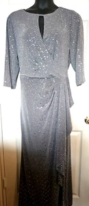 Vestido Largo Alex Evenings 22W Gris Plata Lentejuelas Mezcla Nailon Manga 3/4 Imitación Envoltura - Imagen 1 de 5