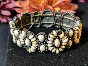 Vtg Laila Rowe Pewter Milk Glass Links Stretch Bracelet For Repair Or Craft Work - Picture 1 of 16