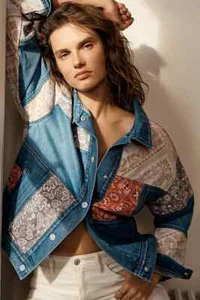 Anthropologie Faria Patchwork Denim Trucker Jacket SIZE M NEW - Picture 1 of 7