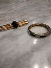 Jewelry Lot With Vintage Large Gold Tone Faceted Glass Brooch And Clamper Bangle