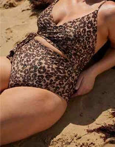 Aerie Leopard Wrap One Piece Full Coverage Swimsuit LARGE Beach Dune - Picture 1 of 5
