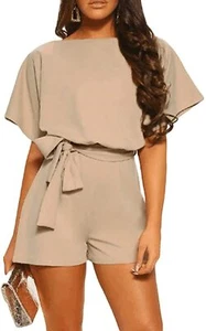 Women's Summer Casual Batwing Sleeve Short Mini Romper Jumpsuit w Belt Khaki XL - Picture 1 of 7