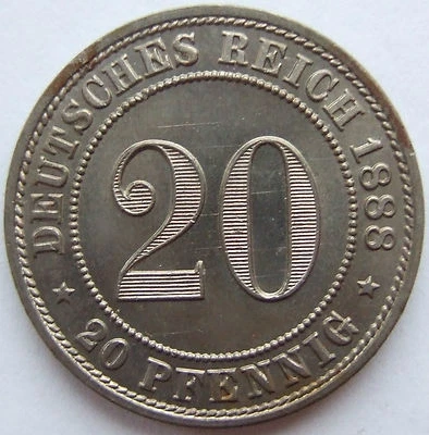 Moneda Imperio Alemán 20 Pfennig 1888 A en Sin Circular Foto 1 de 2