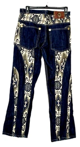 Kanji Embroidered Men's Baggy Japanese Art Dark Jeans w/Art Inlays - Size 34x32 - Picture 1 of 11