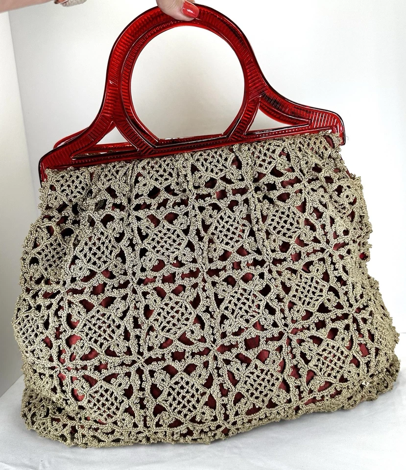 Vintage Red Lucite & Beige Crochet Mid-Century Satin Lining Women’s Lg Handbag - Image 1 of 4