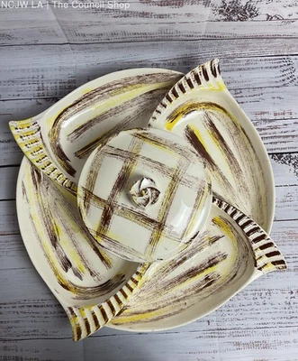 Vintage USA CALIFORNIA POTTERY Lazy Susan 6-Pc Center Bowl And Side Dishes #222 - Image 1 of 4