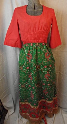 MOD GOGO Vtg 60s Keyloun Womens Maxi Lounge Dress Kimono Style Orange Green S-M - Image 1 of 4