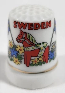 Vintage Sweden Porcelain Souvenir Thimble Gold Trim - Picture 1 of 4