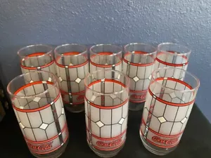 8-ct Vintage 1985-Coca-Cola Libbey Coke Glass Tiffany Style-Stained Glass Design - Picture 1 of 7