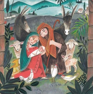 quadr. Postkarte: Die Heilige Familie mit Tieren / Weihnachten - Bild 1 von 1
