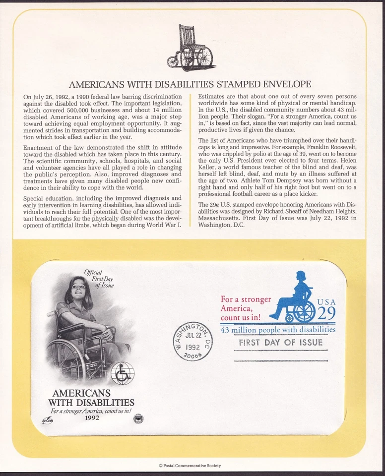 Scott #U629 Disabilities 29c Stamped Entire Envelope in Postal Commemorative FDC - Image 1 of 1