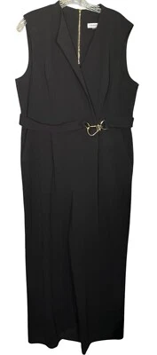 CALVIN KLEIN Solid Black Stretch Gold Belt Hardware Jumpsuit Size 16 - Image 1 of 4