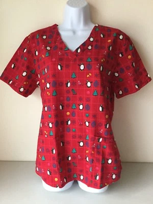SB Scrub Womens Scrub Medical Shirt Small Red Christmas Penguin Tree - Image 1 of 4