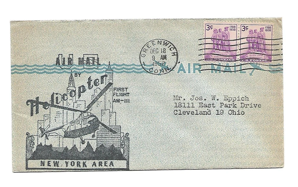 Helicopter First Flight Greenwich,CT to NYC AMF BLUE COVER PURPLE 3 CENT POSTAGE - Image 1 of 1