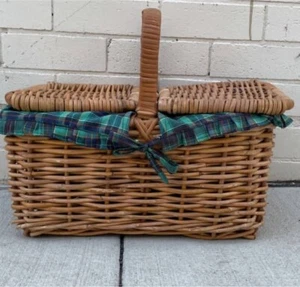 Vintage Picnic Basket 50cm BAMBOO CANE HAMPER FRENCH Green TARTAN LINER AE55 - Picture 1 of 10