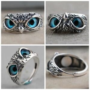 Silver Retro Blue Eyes Owl Animal Finger Rings Adjustable Unisex Jewelry