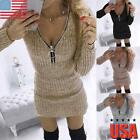 Womens Zipper V-neck Knit Sweater Mini Dress Ladies Bodycon Long Sleeve Dresses