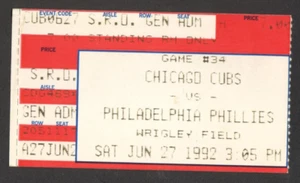 CHICAGO CUBS vs PHILADELPHIA PHILLIES JUNE 27 1992 MLB TICKET STUB WRIGLEY FIELD - Picture 1 of 2