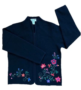 Pendleton bestickter Blumenpullover, Merinowolle schwarz durchgehender Reißverschluss, Damen Medium - Bild 1 von 6
