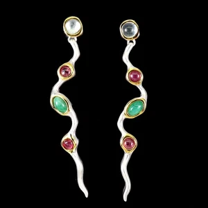925 Sterling Silver Earrings Oval Ruby Emerald Topaz Handmade Gemstone Jewelry - Picture 1 of 14