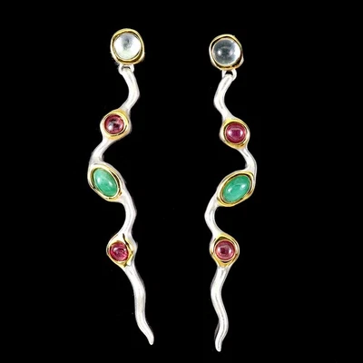 925 Sterling Silver Earrings Oval Ruby Emerald Topaz Handmade Gemstone Jewelry - Image 1 of 4