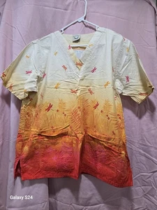 Vintage Cottonality 2XL Dragonflies Orange/ Yellow Scrub Top 2 Pocket V Neck - Picture 1 of 5