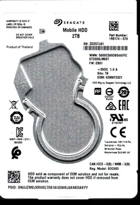 ST2000LM007 P/N: 1R8174-570 F/W: EB01 S/N: ZDZGT 2TB MAY 2021 THAILAND SEAGATE - Image 1 of 2