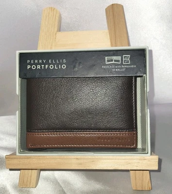 Perry Ellis Brown Portfolio Passcase W/Removable ID Wallet 💯% Leather 3.5x4.5 - Image 1 of 4