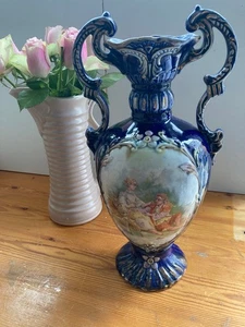 Antique Cobalt Blue Majolica Glazed Victorian Two Lovers Porcelain Vase 1920s - Picture 1 of 7