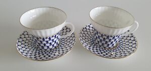 Vintage  Lomonosov Russia Cobalt Blue  Gold Net Porcelain 2Coffee Cups 2 Saucers