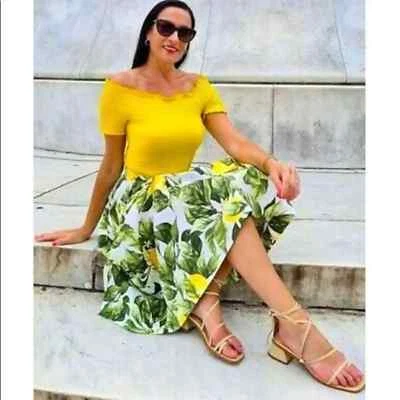 NUEVA H&M Falda Midi Estampado Limón 100% Algodón Blanco Verde Amarillo Pliegues Reunidos 10 Foto 1 de 4