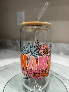 Mama Floral Glass Cup | Trendy Pattern | Iced Coffee Glass 16 OZ | Gift For Mom - Picture 1 of 2