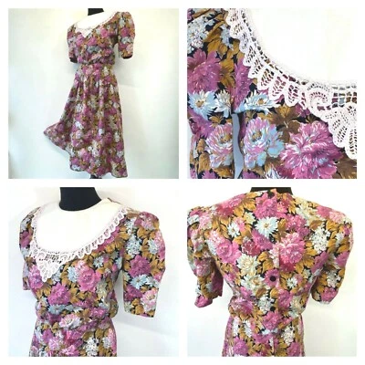 Cottagecore Dress Pink Bib Crochet size M 13 1980s Vintage Blue Floral DS15 - Image 1 of 4