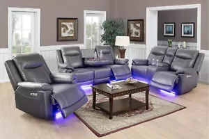 NEW 3PC Power 5-Seater Recline Gray Leather Sofa Living Room Set w/ LED Lighting - Picture 1 of 12