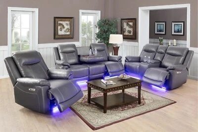 NEW 3PC Power 5-Seater Recline Gray Leather Sofa Living Room Set w/ LED Lighting - Image 1 of 4