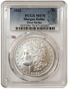 2023-P $1 MORGAN DOLLAR PCGS MS70 FS Morgan Blue Flag Label Silver Coin. - Picture 1 of 3