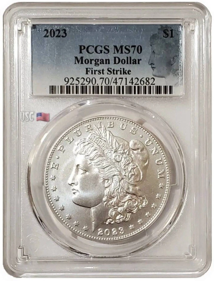 2023-P $1 MORGAN DOLLAR PCGS MS70 FS Morgan Blue Flag Label Silver Coin. - Image 1 of 3