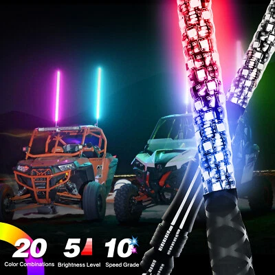 Antena de perseguição 3 pés RGB LED espiral chicote luz Bluetooth e controle remoto ATV UTV RZR 4WD - Imagem 1 de 4