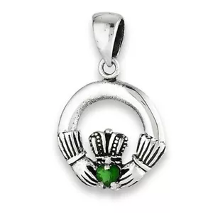 Sterlingsilber Irish Claddagh Anhänger mit grünem kubischem Zirkonia - Bild 1 von 3
