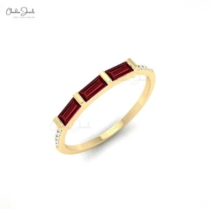 1/4 TCW Baguette Garnet & Diamond Ring Real 14K Gold Stackable Wedding Band Gift - Picture 1 of 23