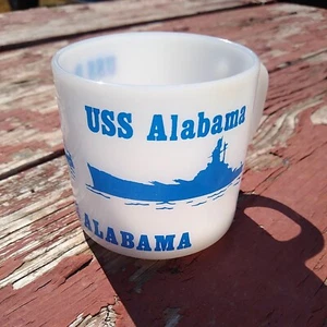 Vintage Federal Milchglas Kaffeebecher Tasse USS Alabama USS Trommel Marine Schiff Mobil  - Bild 1 von 5