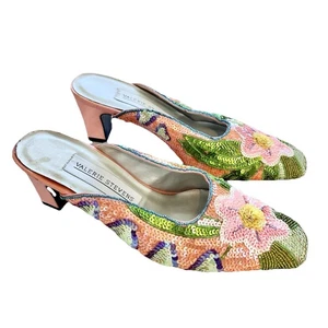 Valerie Stevens Lentejuelas Cuentas Florales Tacones 8.5M Jardín Fiesta Y2K Vintage Mules - Imagen 1 de 10
