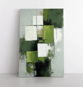 Impresión de pintura geométrica abstracta verde blanca sobre lienzo enmarcado arte de pared moderno - Imagen 1 de 16