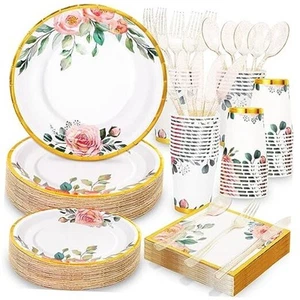 350PCS Paper Plates Set, Disposable Plates With Gold Rim 9inch\7inch Floral - Picture 1 of 8