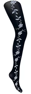 Womens Tights- Side Floral Rose Pattern-Fashion Tights - Ladies - Picture 1 of 7
