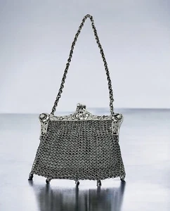 German Silver Chatelaine Chain Mail Mesh Purse, Lined, Kiss Lock Metal Frame - Bild 1 von 11