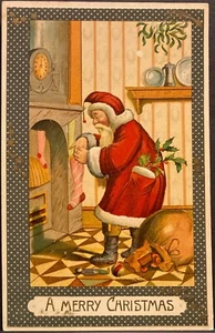 Santa Claus Fills Christmas Stockings Near Fireplace Embossed Christmas Postcard - Picture 1 of 2